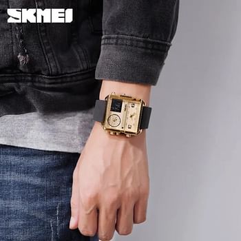 SKMEI  1584 Men's Multifunction Square Dial Digital Analog LED Chronograph Leather Strap Wristwatch