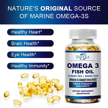 Daitea Omega 3 Fish Oil Capsules Dietary Supplement Rich In DHA EPA For Anti-aging, Skin, Eyes, Heart, Brain and Immune System - 120 Capsules