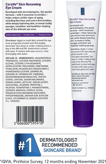 CeraVe Eye Cream for Wrinkles Under Eye Cream with Caffeine, Peptides, Free & Ophthalmologist Tested, 0.5 Ounce (Pack of 1)