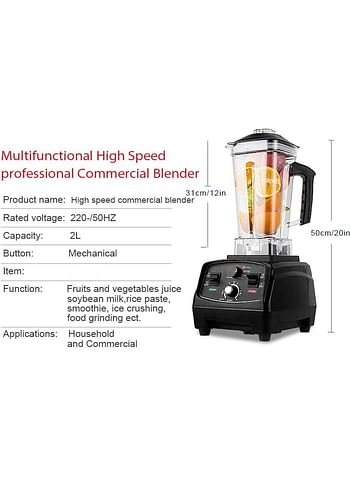 Professional Countertop Blender, Kitchen Blender Food Mixer 2200W Smoothie Maker 2000Ml Smoothies and Milkshakes - Black