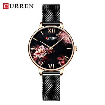 Curren 9059 Original Brand Mesh Band Wrist Watch For Women / All Black