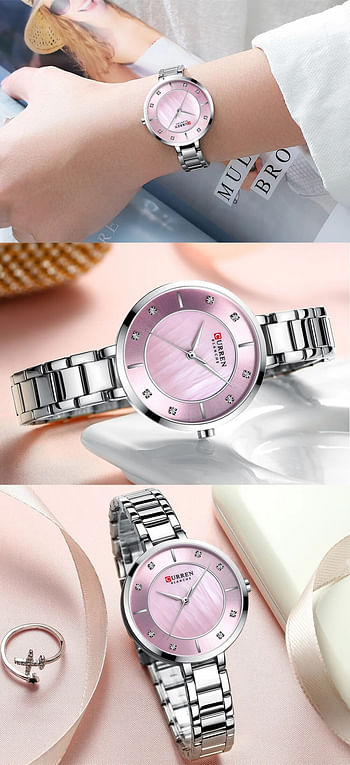 Curren 9051 Original Brand Stainless Steel Band Wrist Watch For Women / Silver Purple Dial