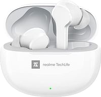 Realme TechLife Buds T100 Bluetooth Wireless In Earbuds مع ميكروفون ، AI ENC للمكالمات ، Google Fast Pair ، تشغيل إجمالي لمدة 28 ساعة مع شحن سريع ووضع لعب منخفض التأخير (أبيض)