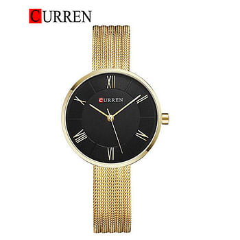 Curren  9020 Original Brand Stainless Steel Band Wrist Watch For Women / Gold / Black Dial