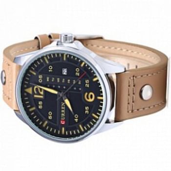 CURREN 8224 Men's Leather Round Analog with Date Display Watch (Beige, Black )