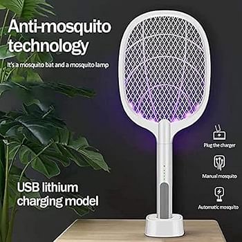 Mosquito Killer Racket Rechargeable Handheld Electric Fly Swatter Bat with UV Light Lamp Racket Bat USB Charging Base