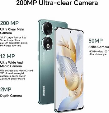 Honor 90 Smartphone 5G, 200MP Triple Camera, 6,7” Curved AMOLED 120Hz Display, 8GB+256GB, 5000mAh Battery, SuperCharge 66 W, Dual SIM, Android 13, Emerald Green