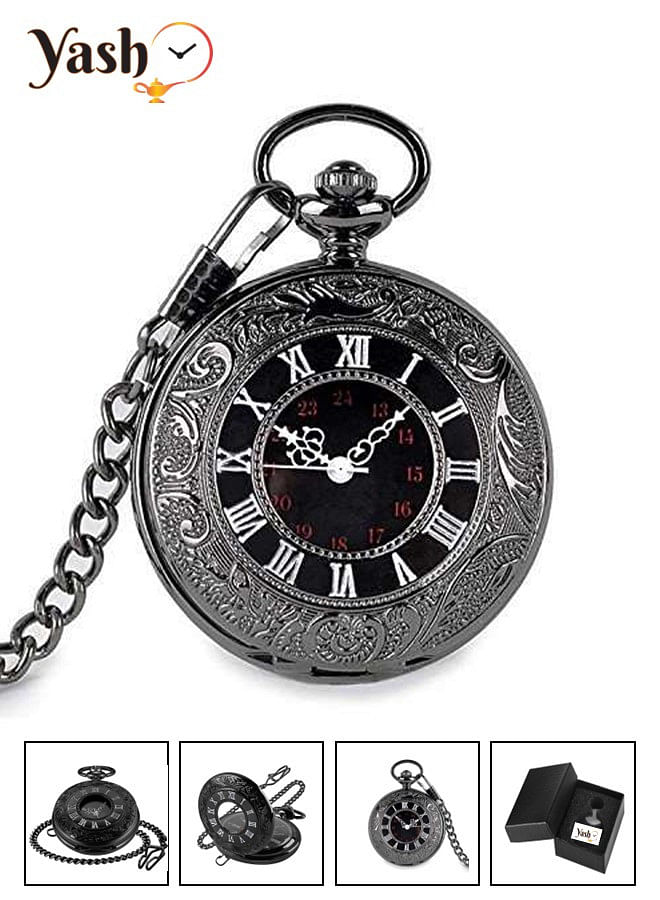 Yash Romanian Style Quartz Pocket Watches Collection Rom BLK White Font LC