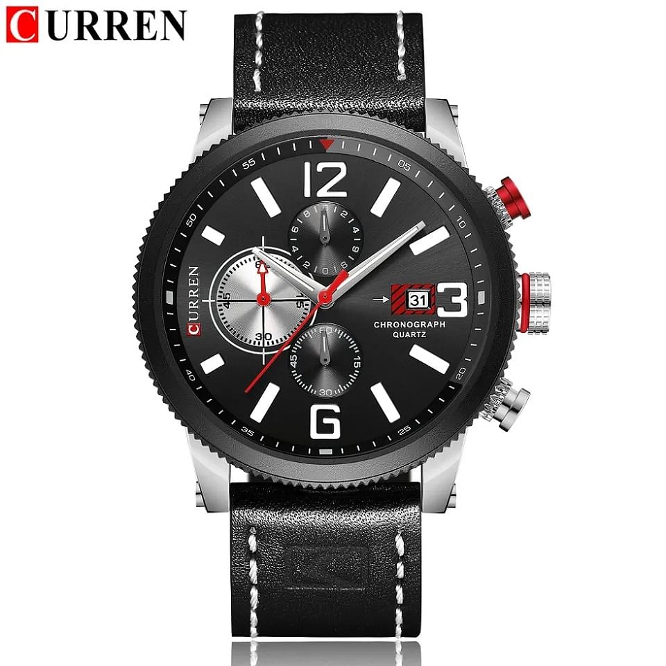 CURREN Original Brand Leather Straps Wrist Watch For Men 8281 - Black, Silver