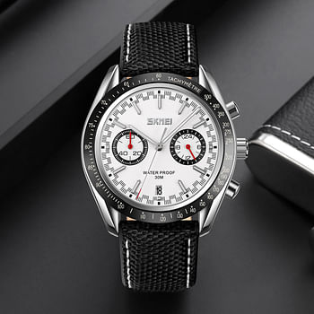 Skmei 9292 Mens Watches Quartz Movement Analog Reinforced Leather Strap 30M Waterproof Fashion Business Wrist Watch for Men Black White