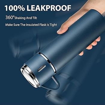 Vacuum Insulated Flask 500ml/17.6oz Stainless Steel Thermo Bottle with Cups for Coffee Water Hot and Cold Drink Flasks (BLUE)