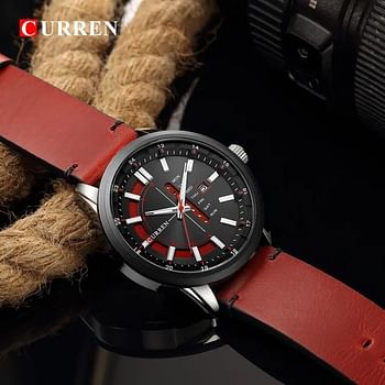 Curren 8307 Men's Luxury Leather Strap Water Resistant Military Style Analog Wrist Watch Red-Black