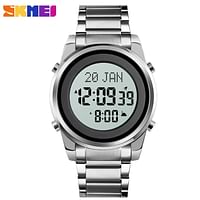 Skmei Watches  Steel Men Azan Watches Digital Pray Clock Fashion muslim prayer watch for Men and For Boys 1734 / Silver