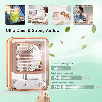 Portable Small Desk Fan with Mist Spray LED Night Light, Operated Water Misting Fan USB Rechargeable Quiet Mini Desktop Table Cooling Fan for Office random color