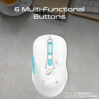 Promate Wireless Mouse, Ergonomic 500mAh Rechargeable Mice with Dual Mode Connectivity-Bluetooth v5.1-2.4Ghz Transmission-Adjustable 1600DPI-6 Functional Buttons for MacBook Air- Dell XPS 13- Asus- Samo-White