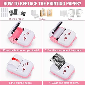 Portable Mini Printer, Instant Pocket Wireless Bluetooth Thermal Printers with 5 Rolls Printing Paper for Android iOS Smartphone, Label Maker Machine for Label Receipt Photo Notes Home Office (Pink)