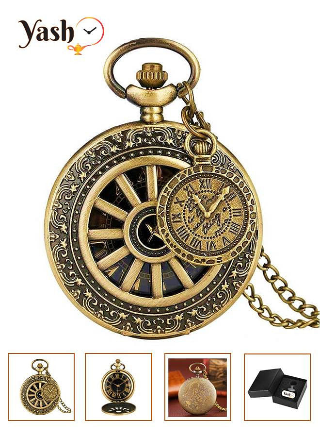 Yash Vintage Copper Antique Hollow Gear Design Quartz Pocket Watch