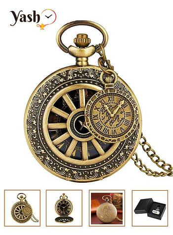 Yash Vintage Copper Antique Hollow Gear Design Quartz Pocket Watch