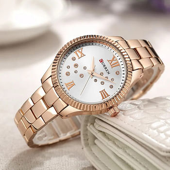 Curren 9009 Original Brand Stainless Steel Band Wrist Watch For Women / Rose Gold White Dial