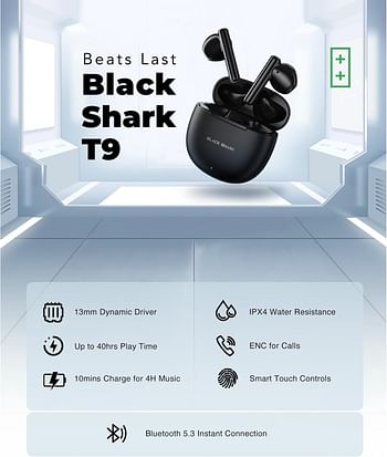 Black Shark T9 Bluetooth Wireless Earphone, Lightweight Design, Bluetooth 5.3 Connectivity, Low-latency Gaming Mode, Active Noise Cancellation, 40 Hours Battery Life & IPX4 Water Resistance - White