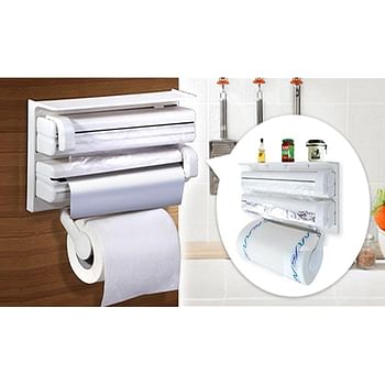 Rylan 3 in 1 Kitchen Triple Paper Dispenser & Holder Paper Foil Cling Wrap - 3 in 1 Wrap Centre Holds Silver Foil Plastic Wrap and Paper Towels-White