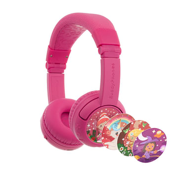 ONANOFF BuddyPhones Play Plus Wireless Bluetooth for Kids | Safe Volume w/ Study Mode 20 Hrs Battery Built-in Mic | Wired or Wireless | Adjustable Foldable for Phone, Tablet, e-Learning - Rose Pink