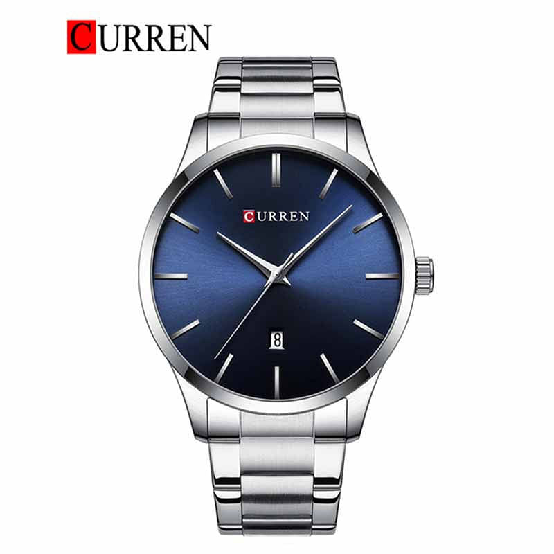 CURREN Original Brand Stainless Steel Band Wrist Watch For Men 8357 Silver Blue