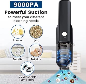 Car vacuum cleaner mini handheld vacuum cleaner cordless portable handheld vacuum cleaner with LED lights 9000pa powerful suction - Black