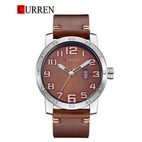 Curren 8254 Original Brand Leather Straps Wrist Watch For Men - Dark Brown And Silver