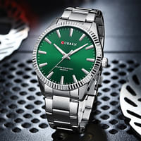 Curren 8425 Original Brand Stainless Steel Band Wrist Watch For Men / Silver and Green Dial