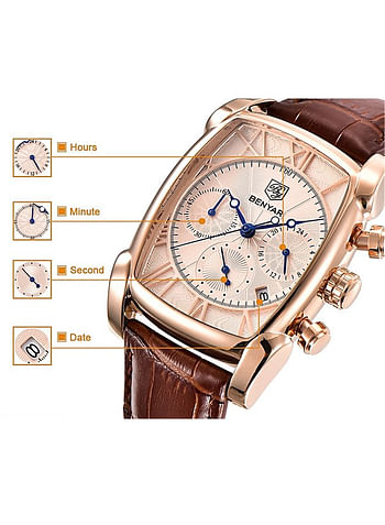 BENYAR Luxury Chronograph Mens Wrist Watch Premium 30 M Water Resistant Quartz Movement Dial with Leather Strap - Brown