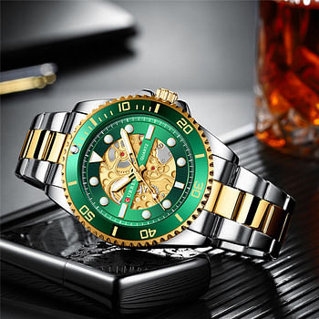 CURREN 8412 Original Brand Stainless Steel Band Wrist Watch For Men - Gold Silver and Green