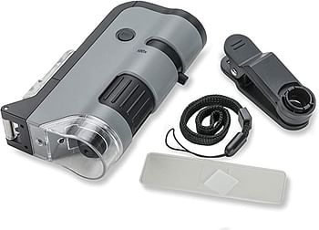 ميكروفليب 100x-250x LED ومجهر جيب مضاء بالأشعة فوق البنفسجية من كارسون مع قاعدة منزلقة قابلة للطي لأسفل وحزمة مشبك ديجيسكوبينج للهاتف الذكي ، MP-250BUN