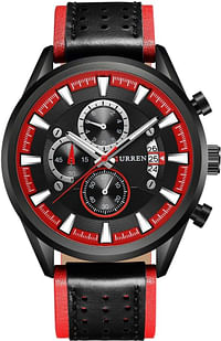 CURREN 8290 Original Brand Leather Straps Wrist Watch For Men - Black and Red