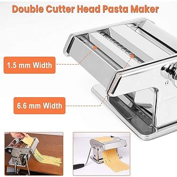 Pasta Maker Machine, Homemade Stainless Steel Manual Roller Pasta Maker with Adjustable Thickness Settings Sturdy Noodles Cutter with Clamp for Spaghetti - Silver