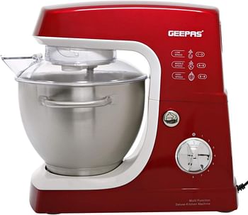 Geepas 3-in-1 Multifunction Stand Mixer, Whisk, Dough Hook And Beater Attachments, Mixing Bowl With Splash Guard| Perfect For Making Dough, Batter, Whisking, Whipping Cream, And More| Red, 600W, 1.4 L 600.0 W GSM5442 Red