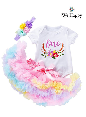 We Happy 4 Pieces 1st Birthday Baby Girl Costume Set, Newborn Princess ONE Printed Dress for Theme Party Photoshoot, Unicorn Bodysuit with Tutu Skirt, Cake Topper and Floral Headband - Multicolor, 1 Year