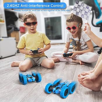 RC Car Toys Remote Control | Stunt Car for 3-12 Year-Old Boys | RC Cars 360 Degree Flips Double Sided Rotating 4WD 2.4Ghz Outdoor Toys Car for Kids Birthday Gifts (Blue)