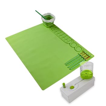 Silicone Painting Mat with Foldable Cup and Paintbrushes Green