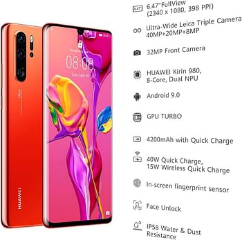 هواوي P30 Pro ثنائي الشريحة، 256 جيجابايت + 8 جيجابايت رام، 4G أمبر شروق الشمس - الإصدار الدولي