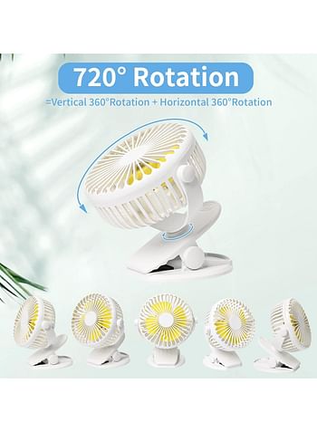 Portable Stroller Fan USB Clip On Fan Rechargeable, Desk Fan Clip Quiet Strong 3 Speed, 720° Rotate for Office Treadmill Camping Traveling - White