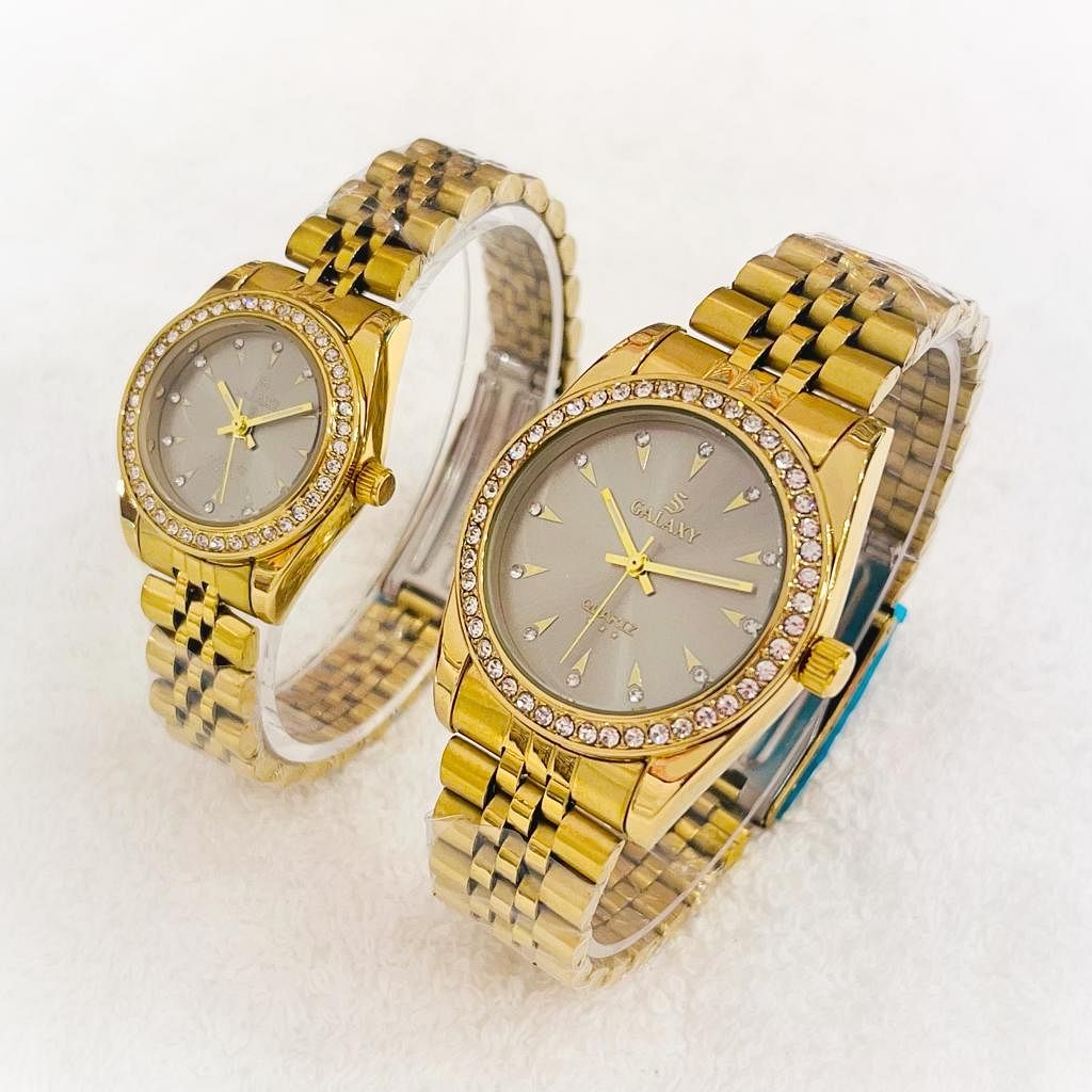 Galaxy 2373 Waterproof Quartz Analog Couple Watch Set gold