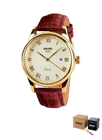 SKMEI Casual Business Quartz Wristwatch with Roman Numeral and Leather Band 9058-Brown-Gold