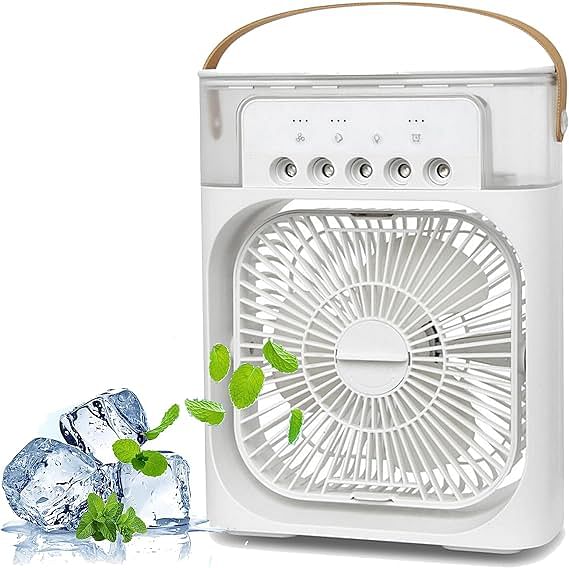 Mini Frost Fan Portable Air Conditioner AC Cooler Humidifier Personal Air Cooler With 1/2/3 H Timing 7 Colors LED Light 3 Wind Speeds and 3 Spray Modes for Office Home Dorm Travel - White