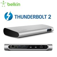 محطة إرساء Belkin Thunderbolt 2 Express HD (F4U085) مزدوجة 4K مع كابل نقل بيانات Thunderbolt (1 متر) ومحول طاقة + كابل طاقة / فضي.