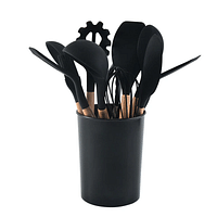 12 pcs Kitchen Cooking Utensils Set Silicone | Heat Resistant | Kitchen Utensils with Wooden Handle and Holder | Easy to Clean | Tongs, Spatula, Whisk, Spoon, Brush (Black)