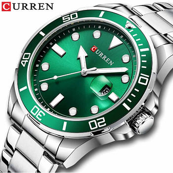 CURREN 8388 Original Brand Stainless Steel Band Wrist Watch For Men silver Green