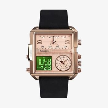 SKMEI 1584 Men's Multifunction Square Dial Digital Analog LED Chronograph Leather Strap Wristwatch.