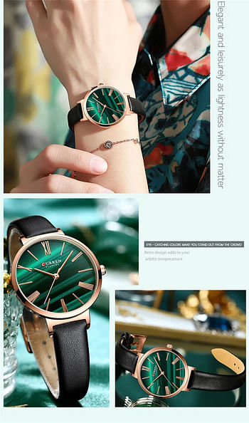 Curren 9076 Original Brand Leather Strap Wrist Watches For Women / All Green