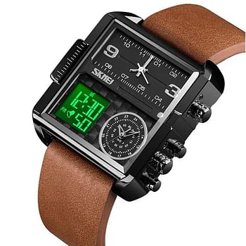 SKMEI 1584  Men's Multifunction Square Dial Digital Analog LED Chronograph Leather Strap Wristwatch